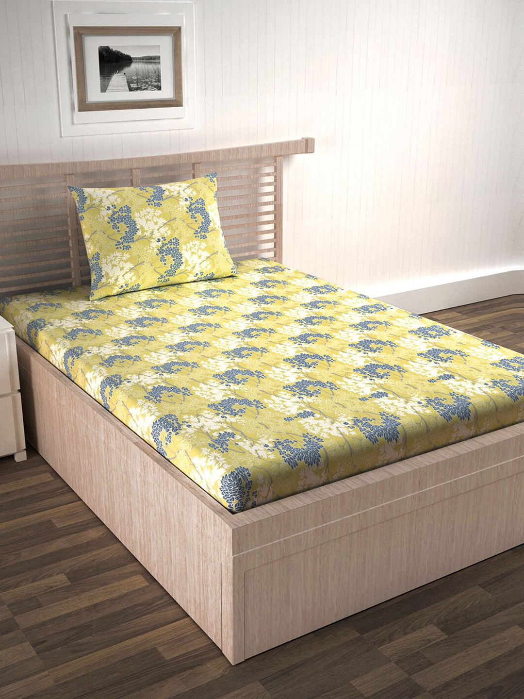 Divine Casa Juniper Yellow Floral Cotton 144 TC Fitted Single Bedsheet with a Pillow Cover-190 x 90 x 25 cm