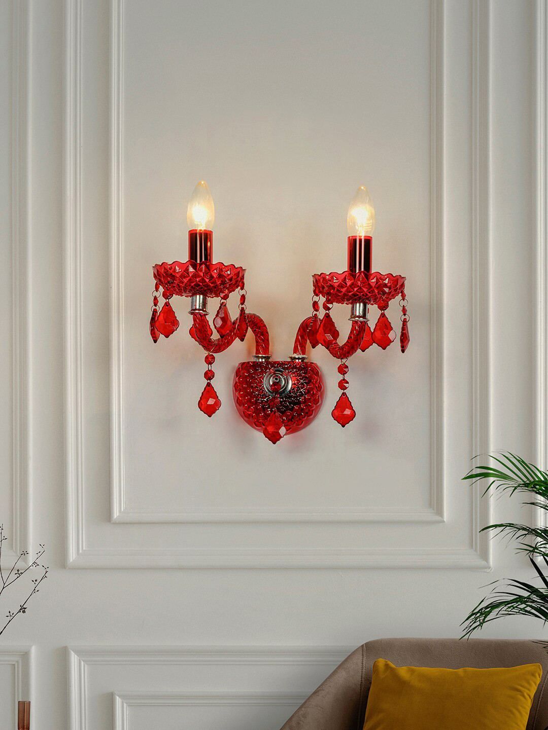 Fos Lighting Red 2-Light Sconce with Red Pendeloque Glass Crystals Wall Lamp