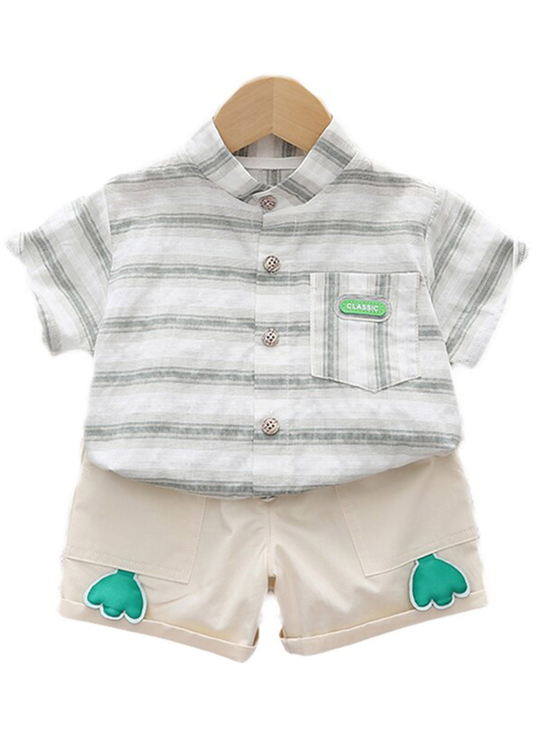 StyleCast Boys Green Striped Short Sleeves Band Collar Shirt With Shorts