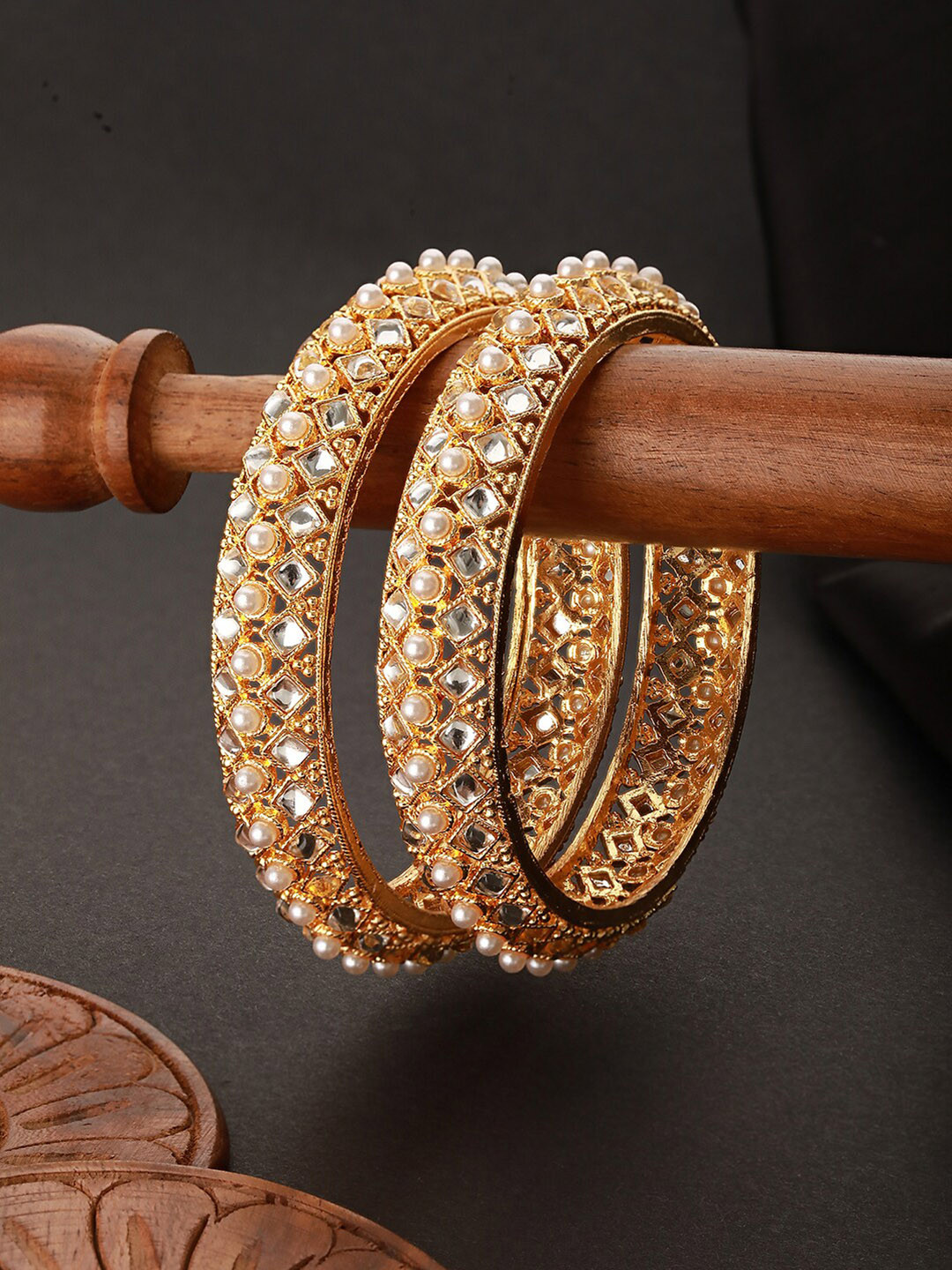 Jazz and Sizzle Set Of 2 Gold-Plated CZ-Studded Pearl Beaded Bangles