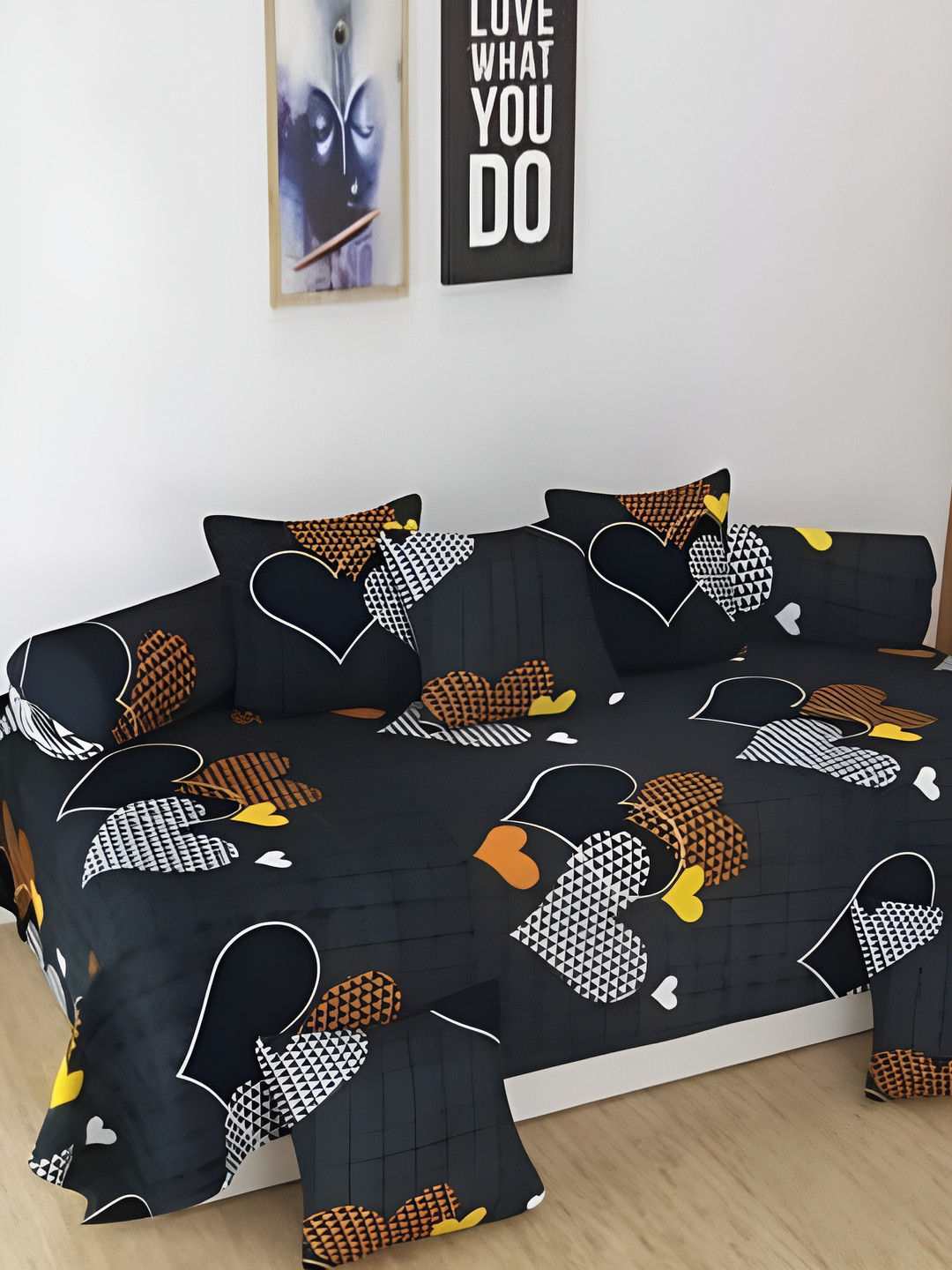 DECOR VATIKA Black & White 8 Pieces Black Geometric Diwan Set