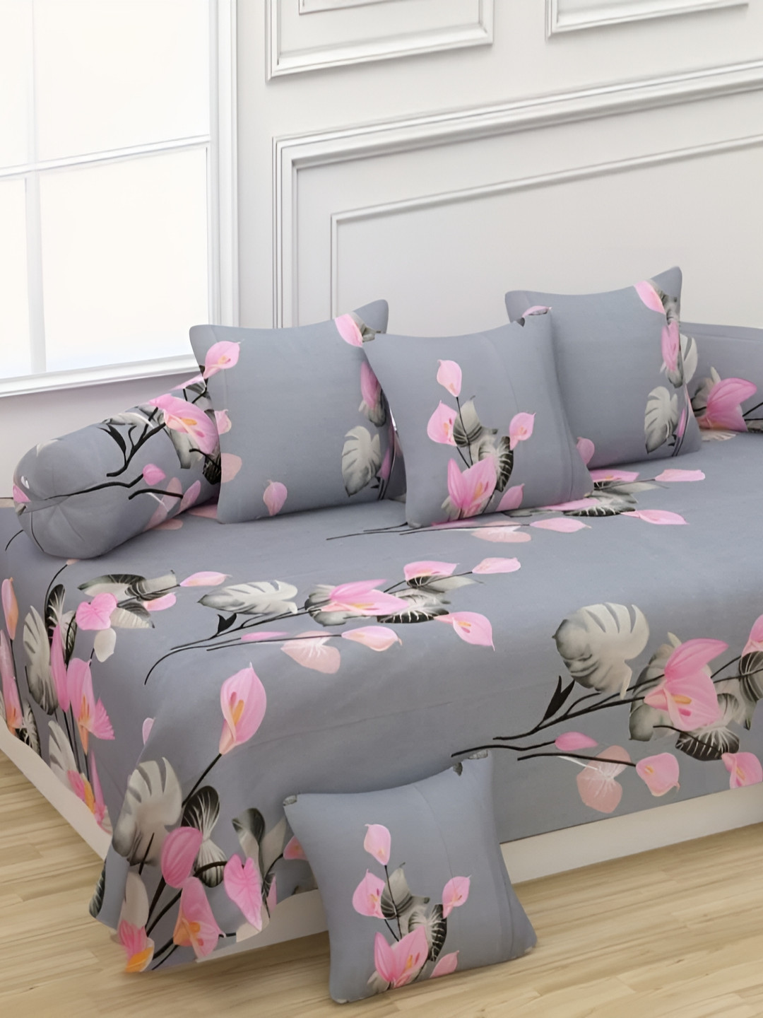 DECOR VATIKA Grey 8 Pieces Printed Diwan Set