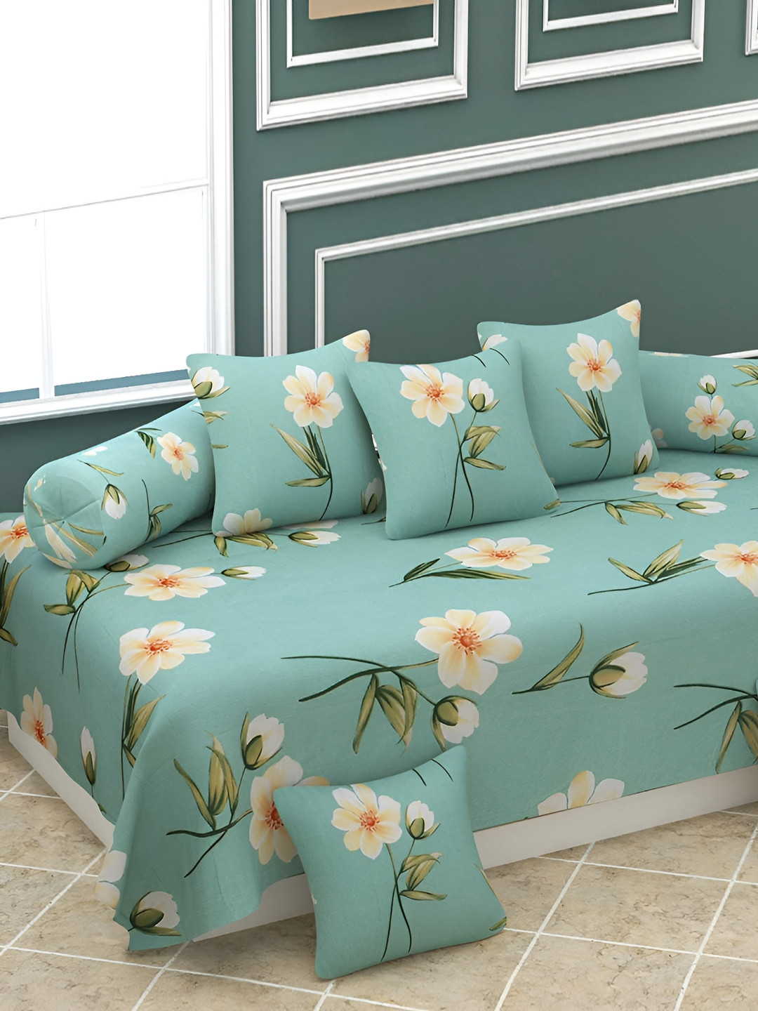 DECOR VATIKA Green & White 8 Pieces Floral Printed Diwan Set