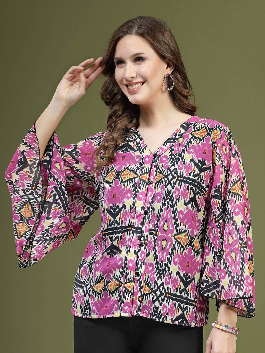 plusS Violet & Black Ethnic Motifs Printed Shirt Style Top