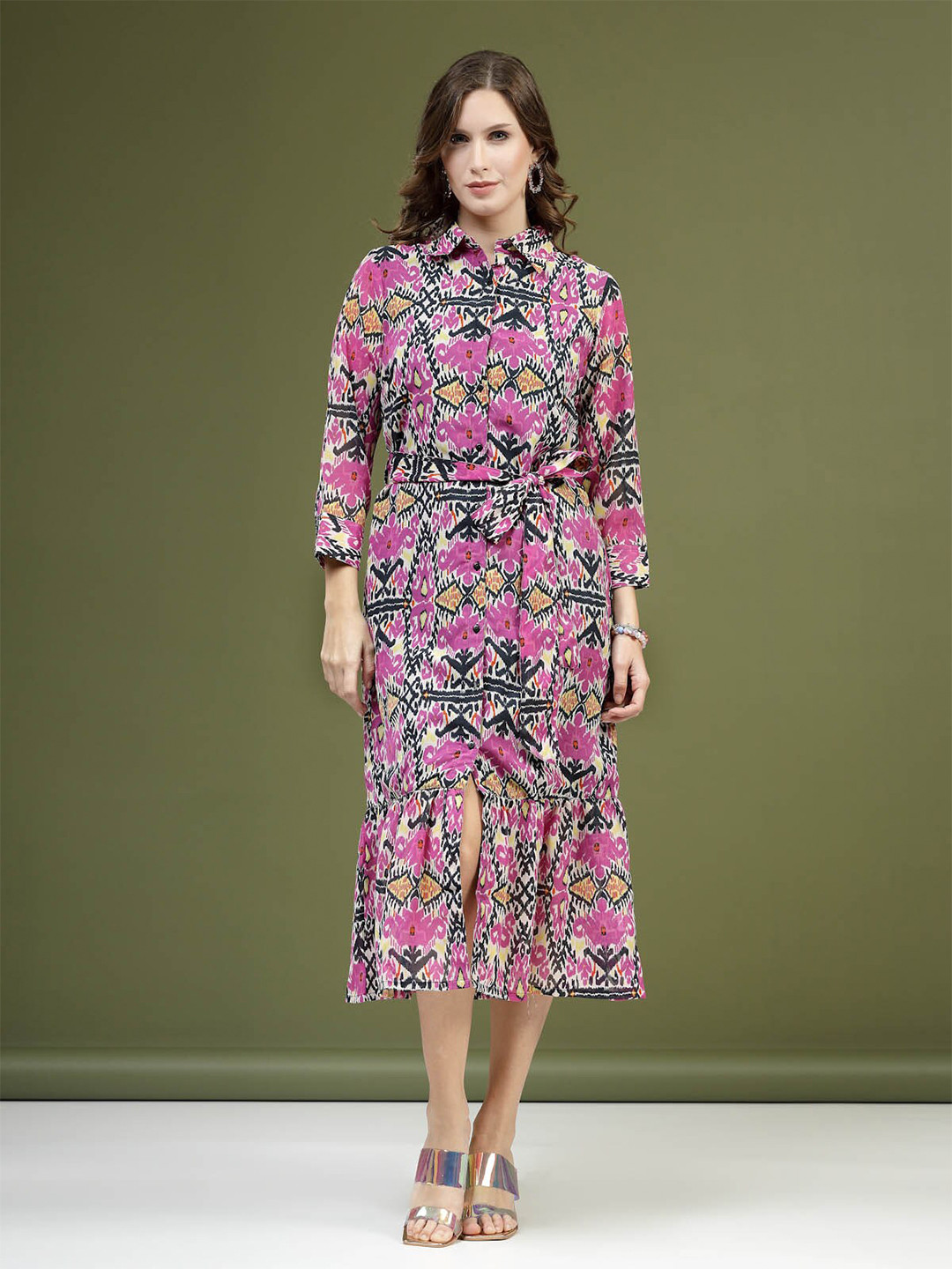 plusS Violet Floral Printed Shirt Midi Dress