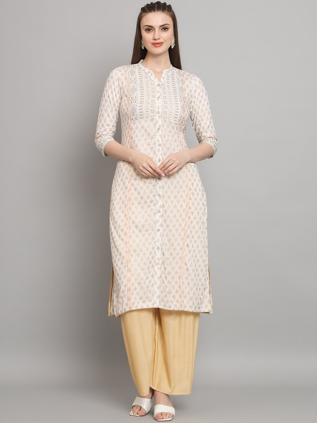 all about you White & Gold-Toned Ethnic Motifs Printed Straight Kurta