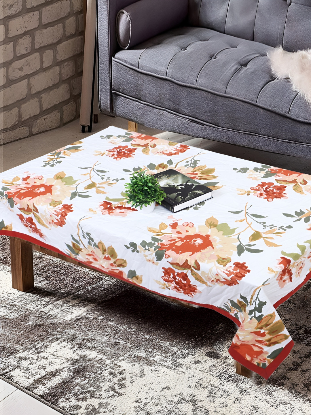 Texstylers White & Orange Floral Printed Anti-Slip Cotton 4-Seater Table Cover