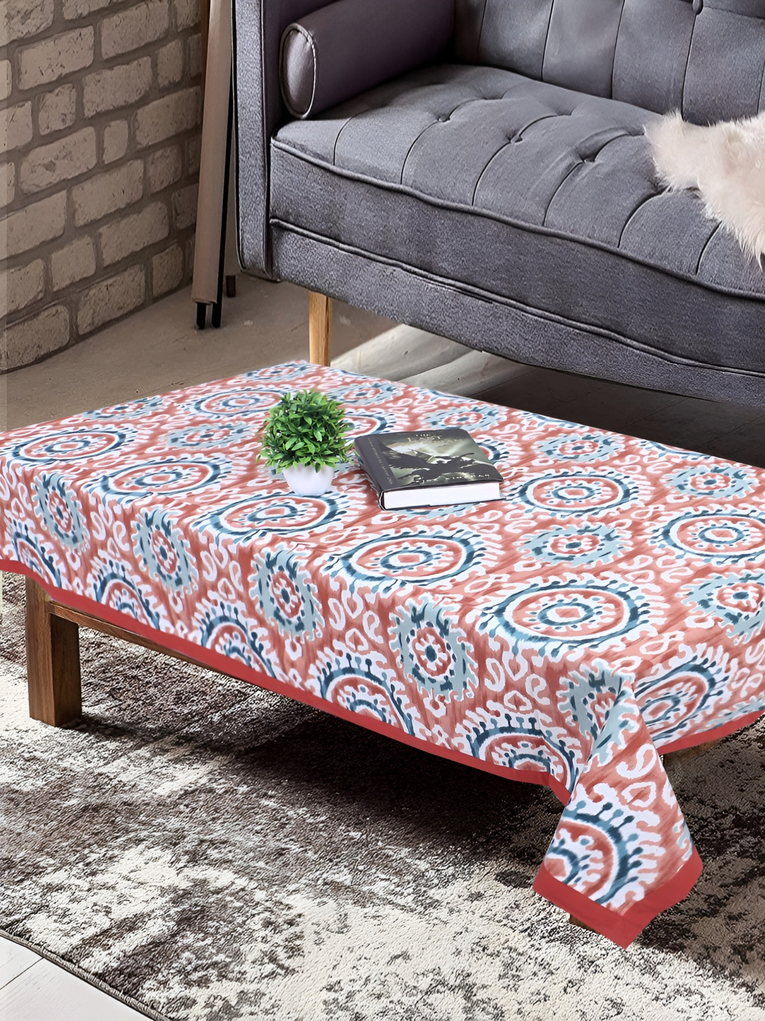 Texstylers Red & Blue Anti Slip Cotton 4 Seater Rectangle Table Cover