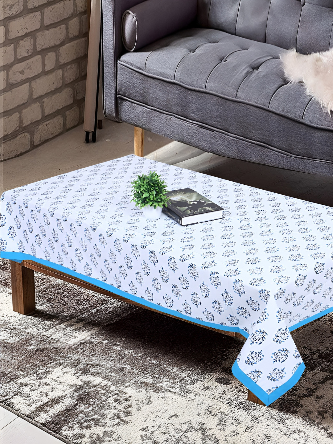 Texstylers Blue Floral Anti-Slip Cotton 4-Seater Rectangular Table Cover
