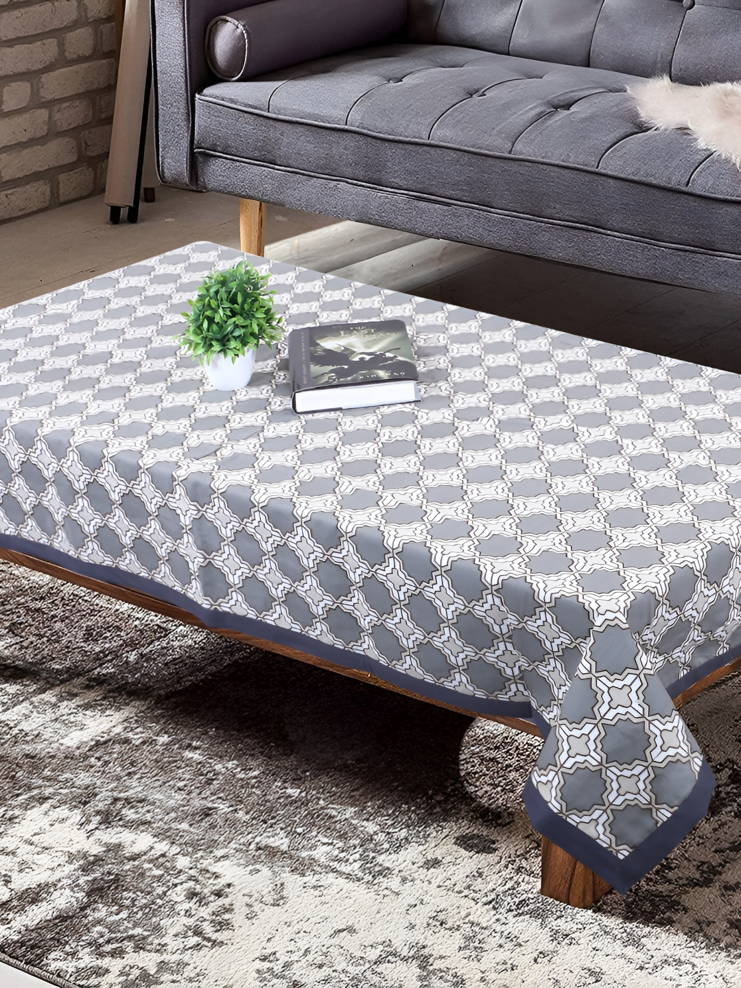 Texstylers Grey & White Printed Anti-Slip Cotton 4-Seater Table Cover