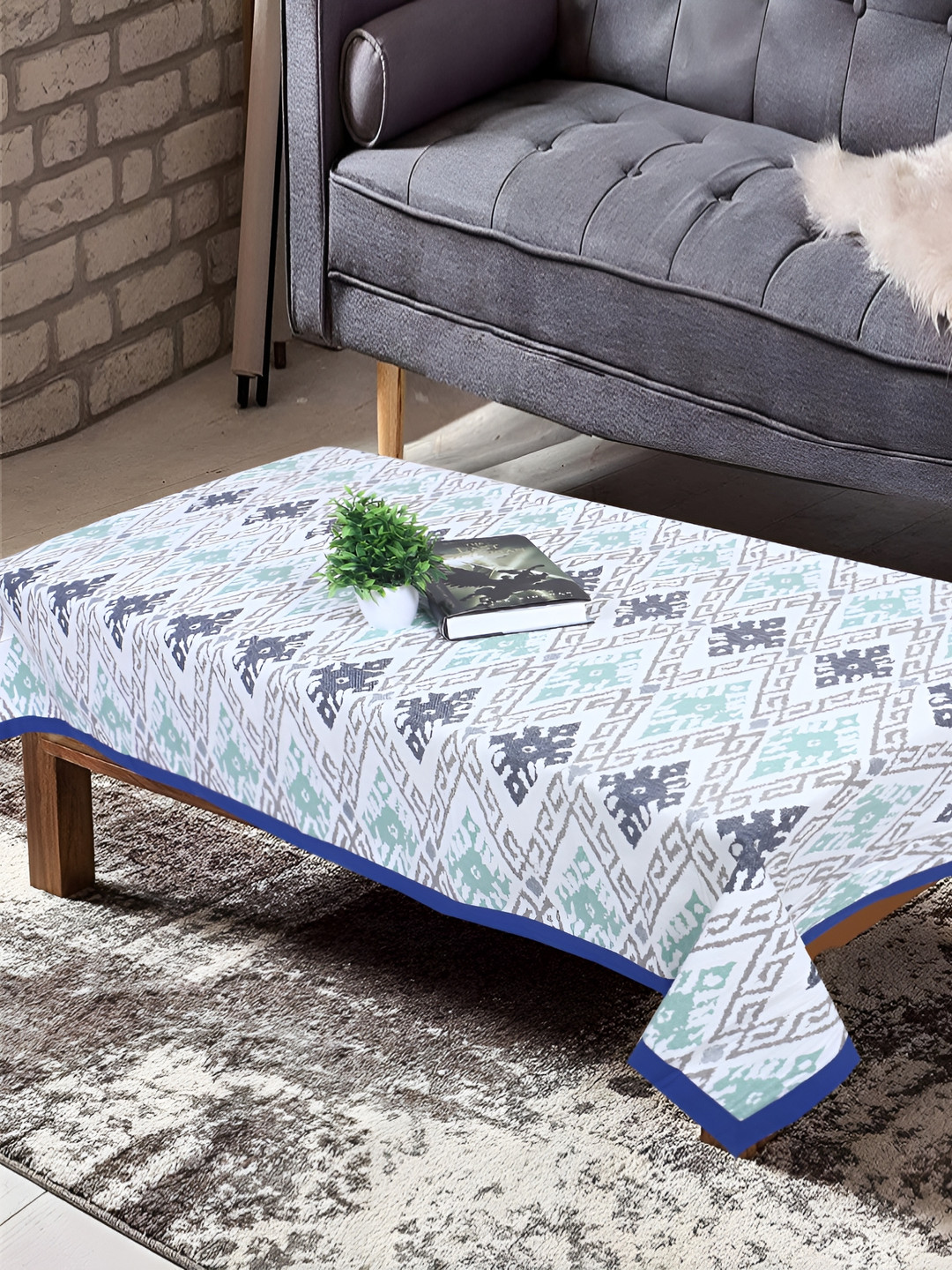 Texstylers Blue & White Anti-Slip Cotton 4 Seater Rectangle Table Cover