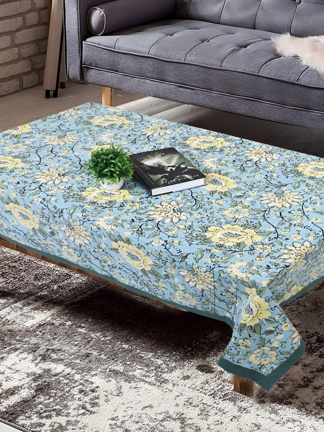 Texstylers Blue & Yellow Floral Anti Slip Cotton 4 Seater Rectangle Table Cover