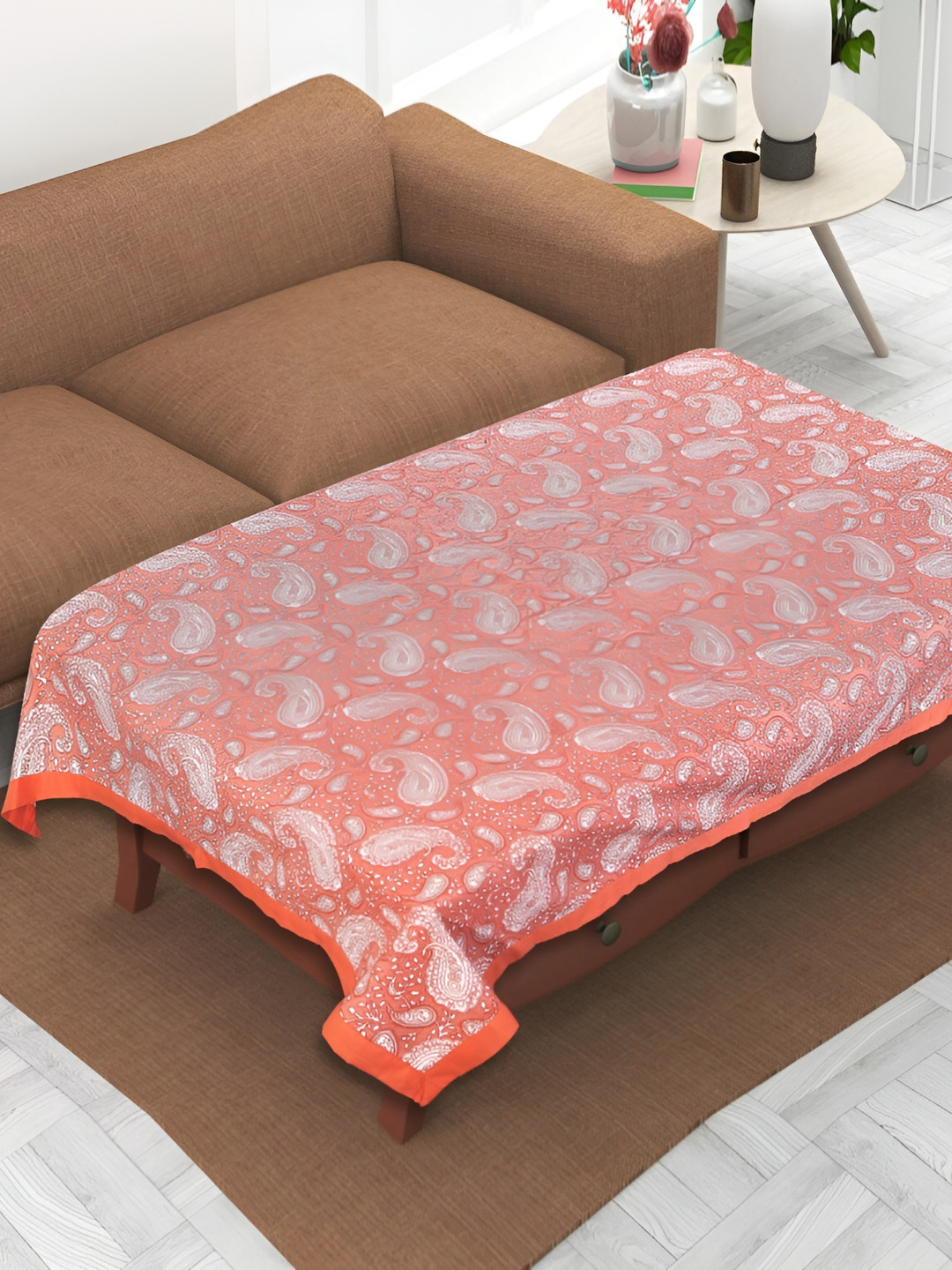 Texstylers Pink Ethnic Motifs Anti-Slip Cotton 4-Seater Rectangular Table Cover