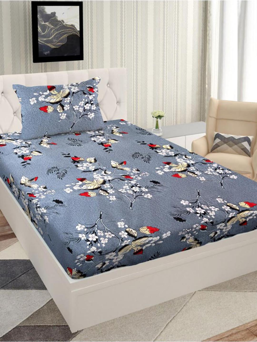 UUrban Magic Grey Red Floral 160TC Single Bedsheet With 1Pillow Covers