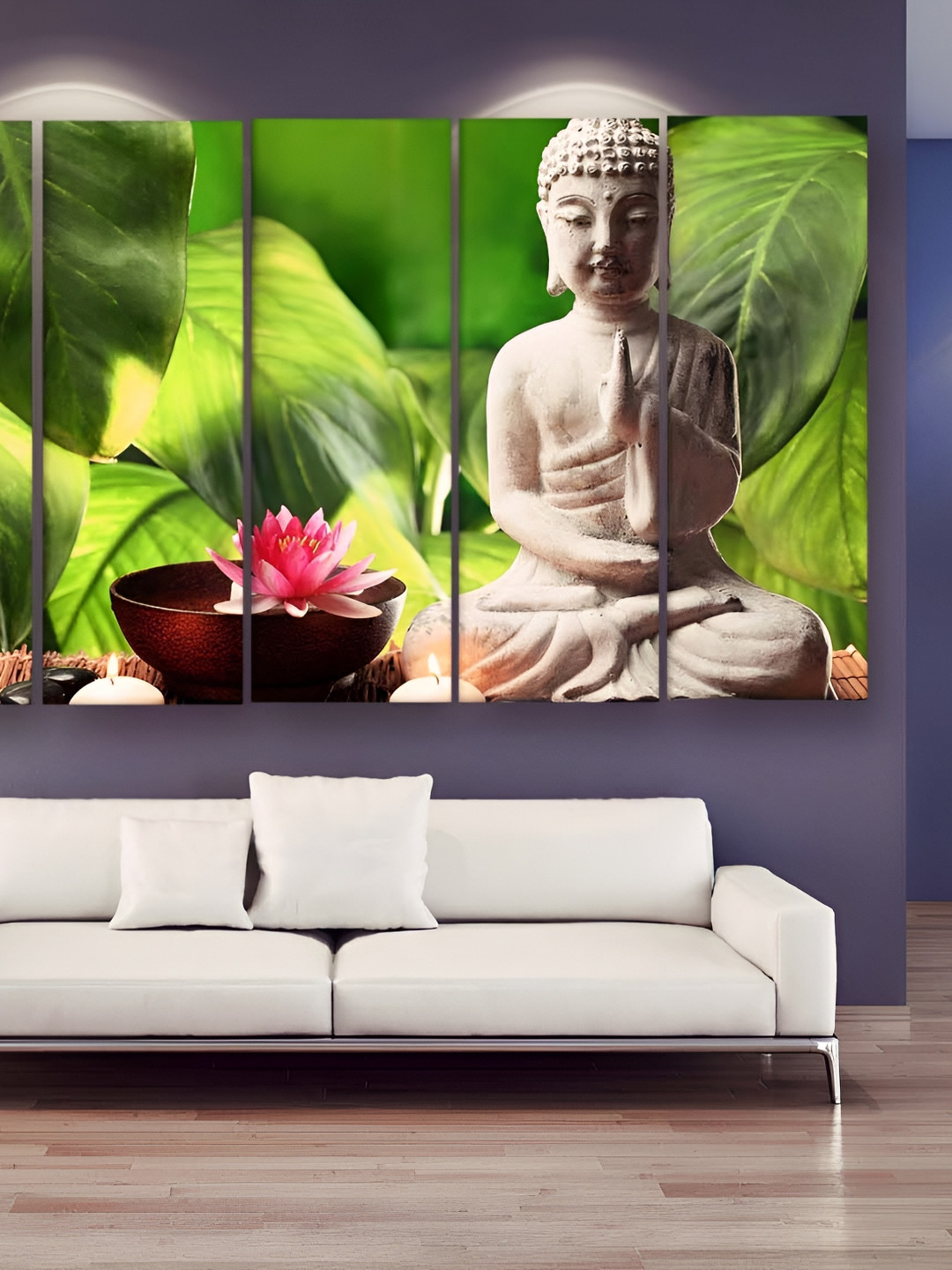 Casperme 5Pieces Off White & Green Skyline Buddha Wooden Wall Art