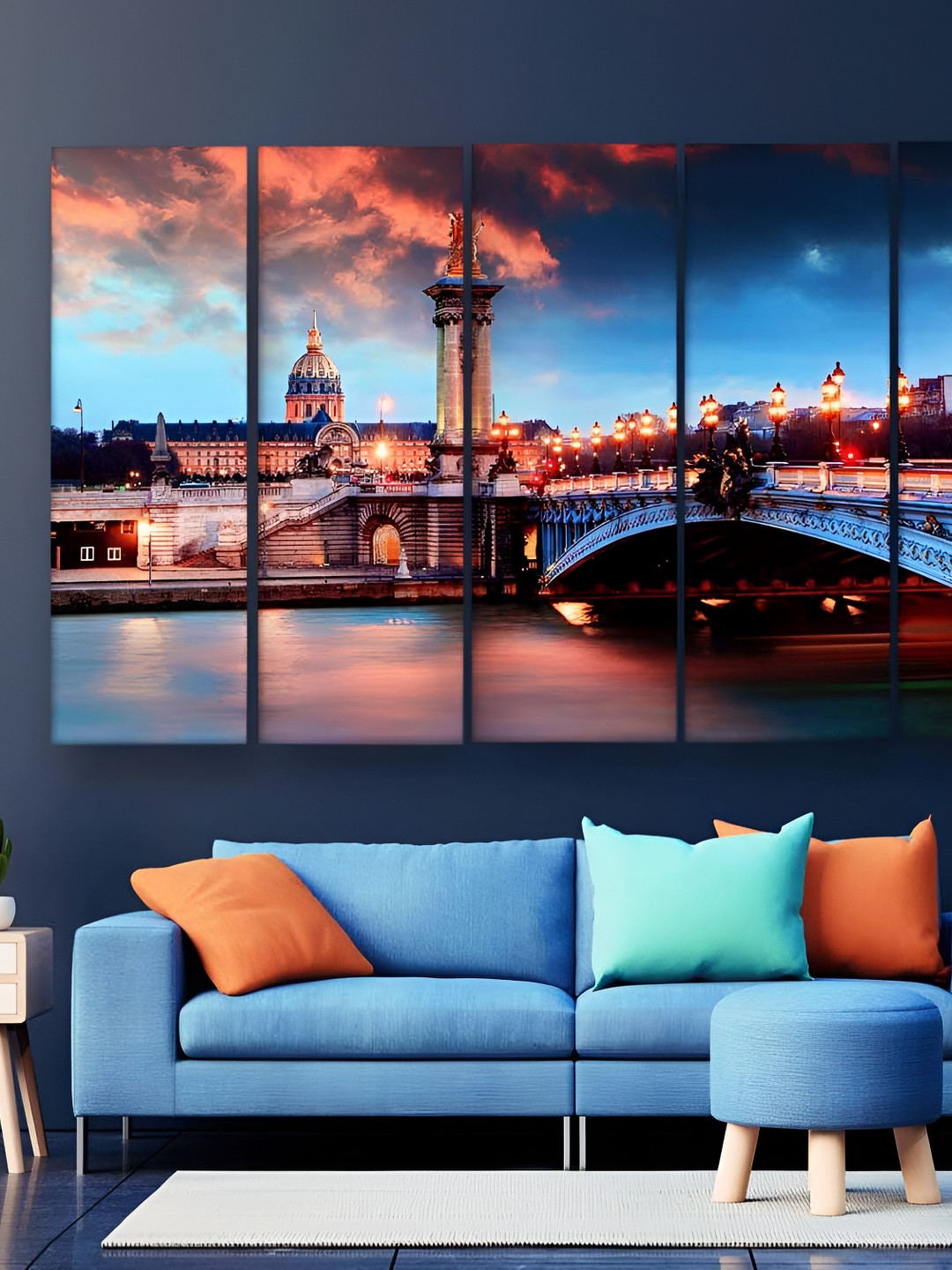 Casperme 5 Pieces Blue & Peach Skyline Bridge Wooden Wall Art