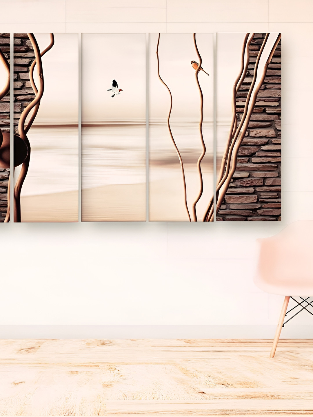 Casperme Peach Wood 5 Pcs Wall Living Room Rectangle Potrait Paintings Wall Art