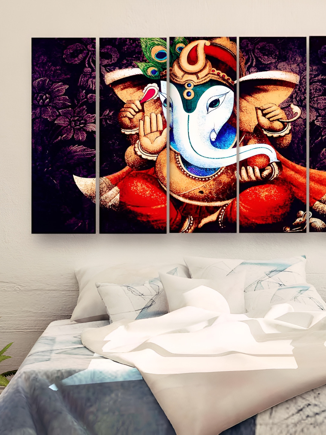 Casperme 5 Pieces Purple & Orange Ganesh Wooden Wall Art