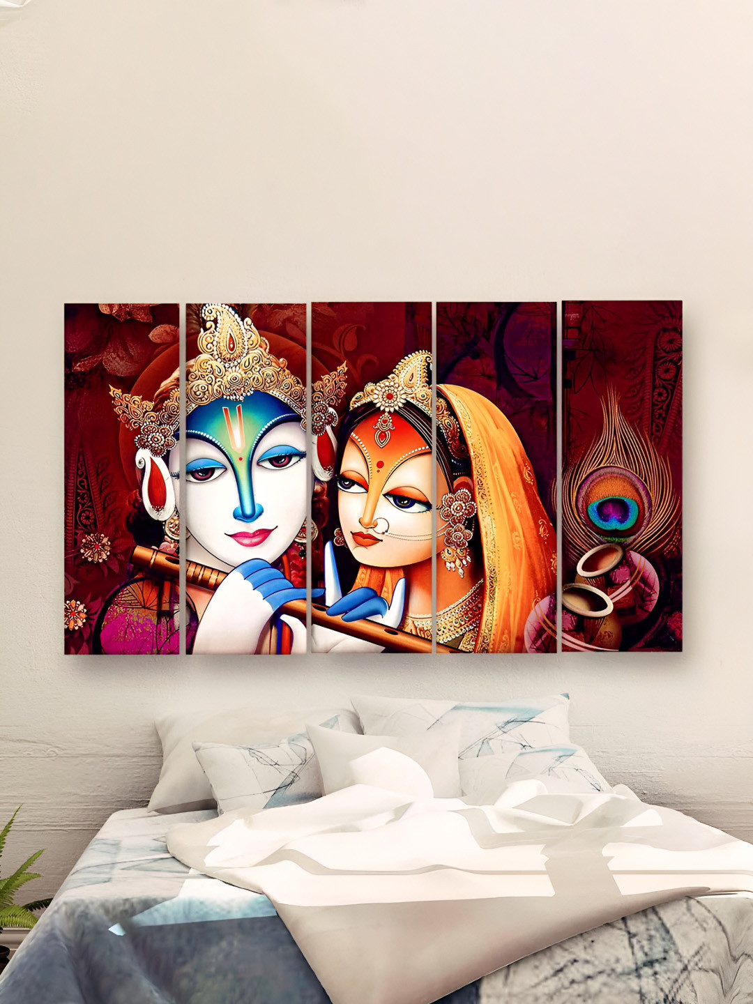 Casperme 5 Pieces Maroon& Orange Radha Krishna Wooden Wall Art