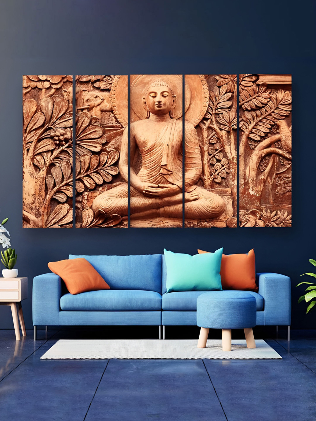 Casperme 5 Pieces Brown Skyline Buddha Wooden Wall Art
