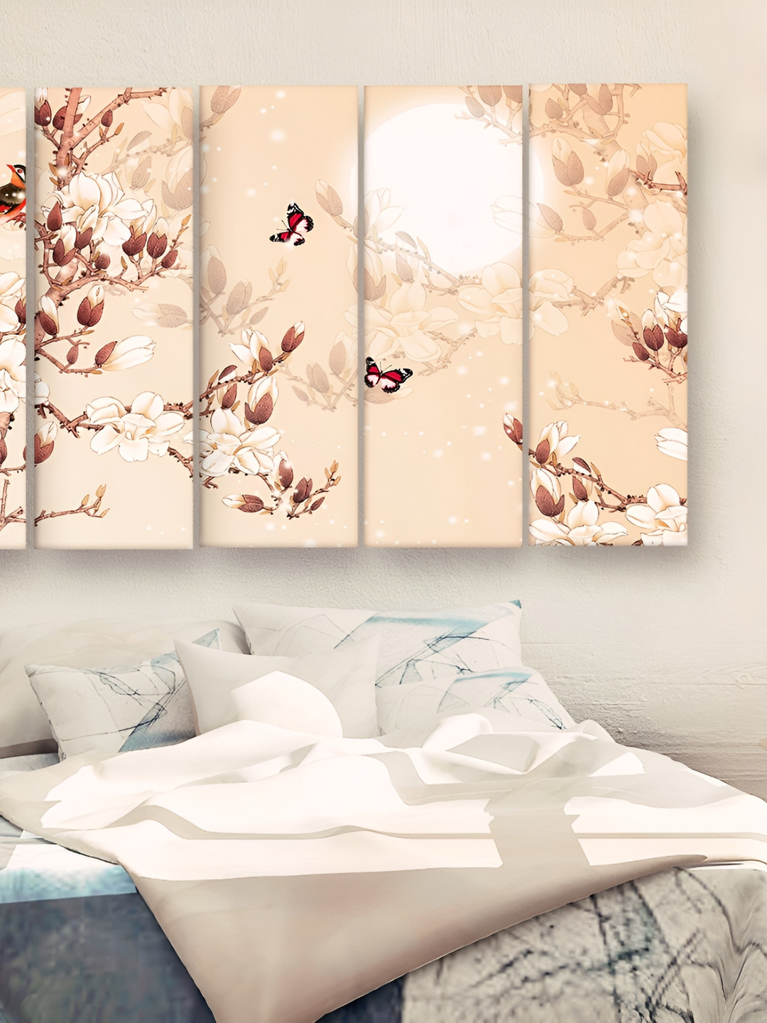 Casperme 5 Pieces Off White & Brown Floral Painting Wooden Wall Art