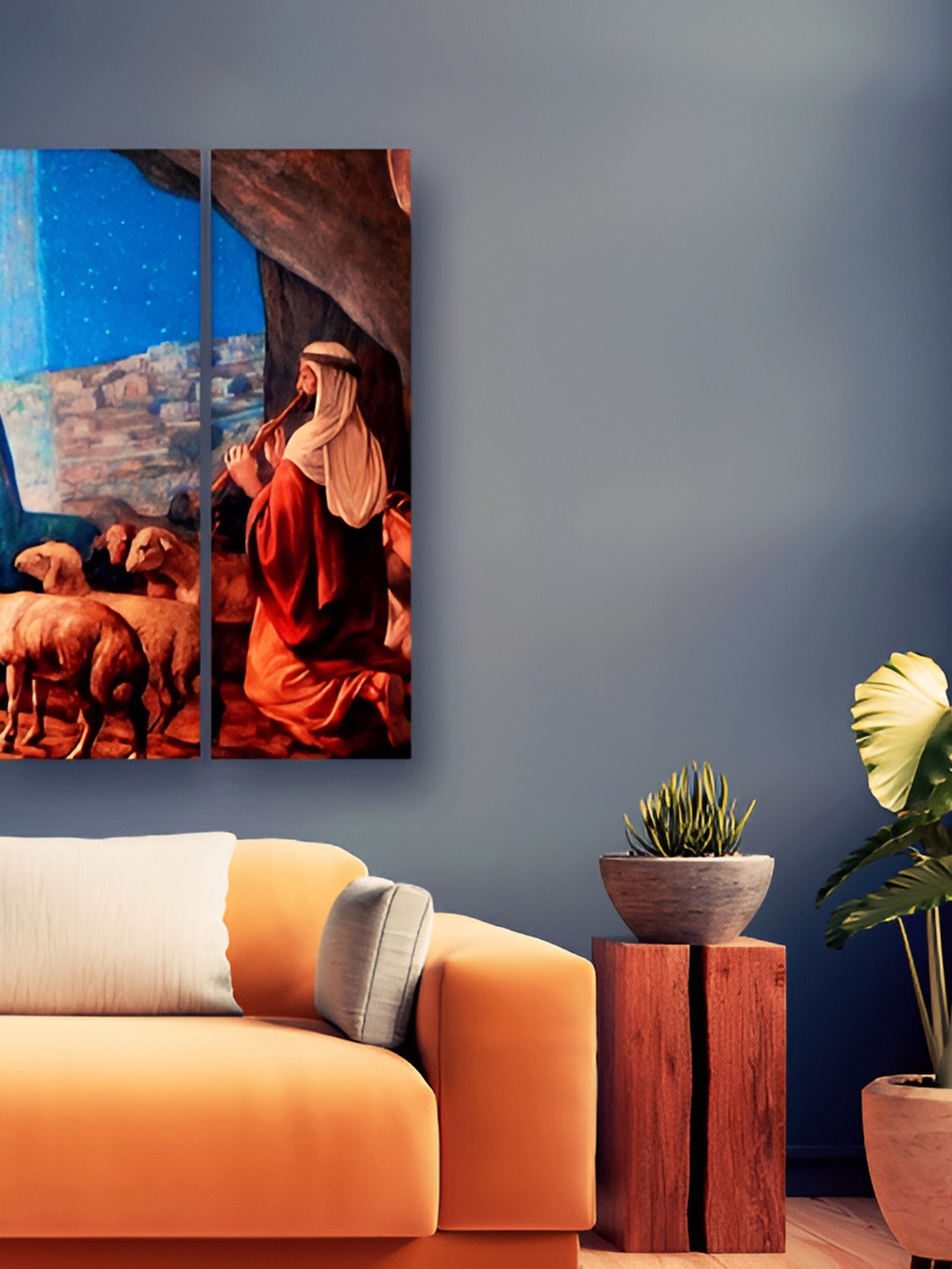 Casperme 5 Pieces Coffee Brown & Blue Skyline Jesus Wooden Wall Art