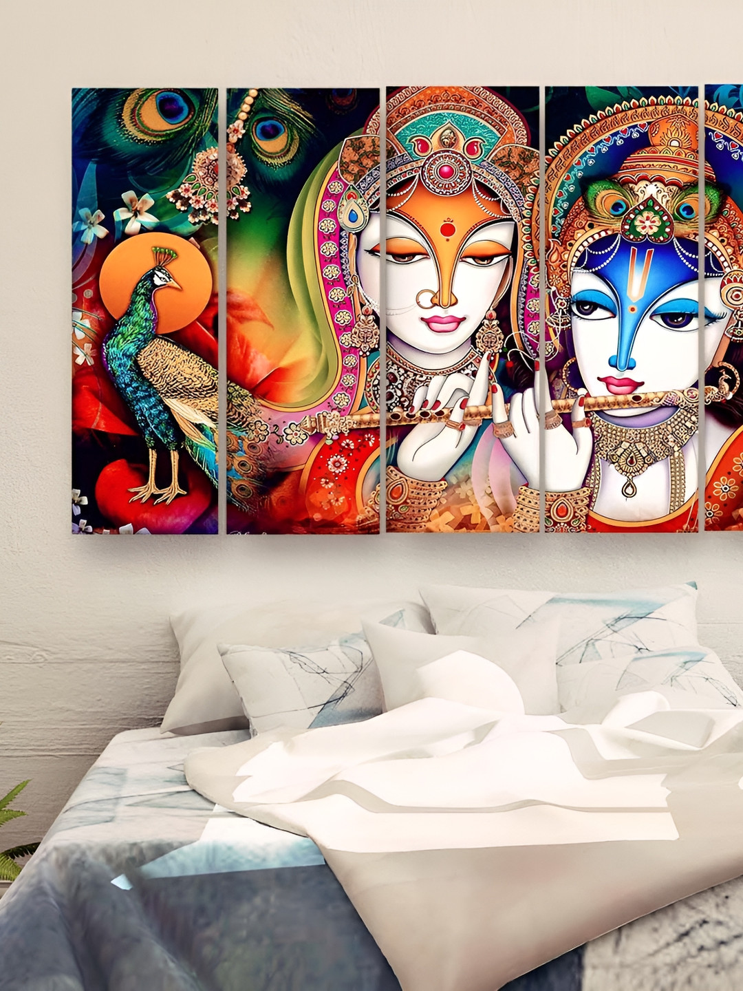 Casperme 5 Pieces Orange Colored & Blue Skyline Radha Krishna Wooden Wall Art