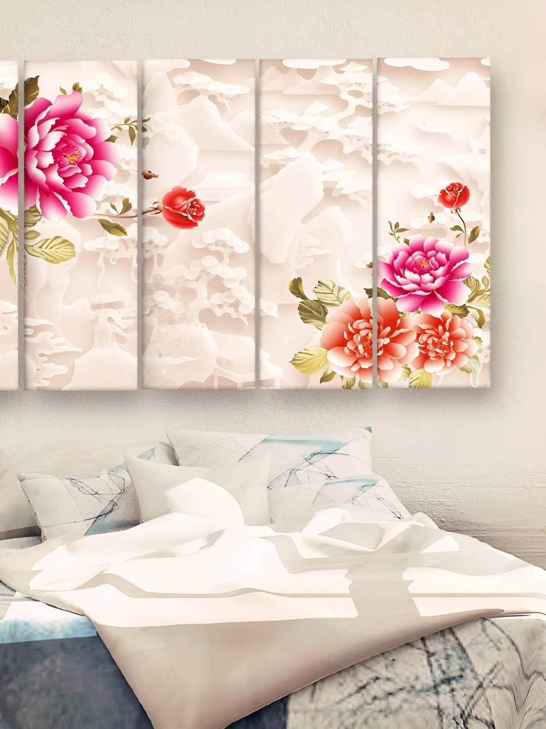 Casperme 5 Pieces Pink & Peach Colored Floral Painting Wooden Wall Art