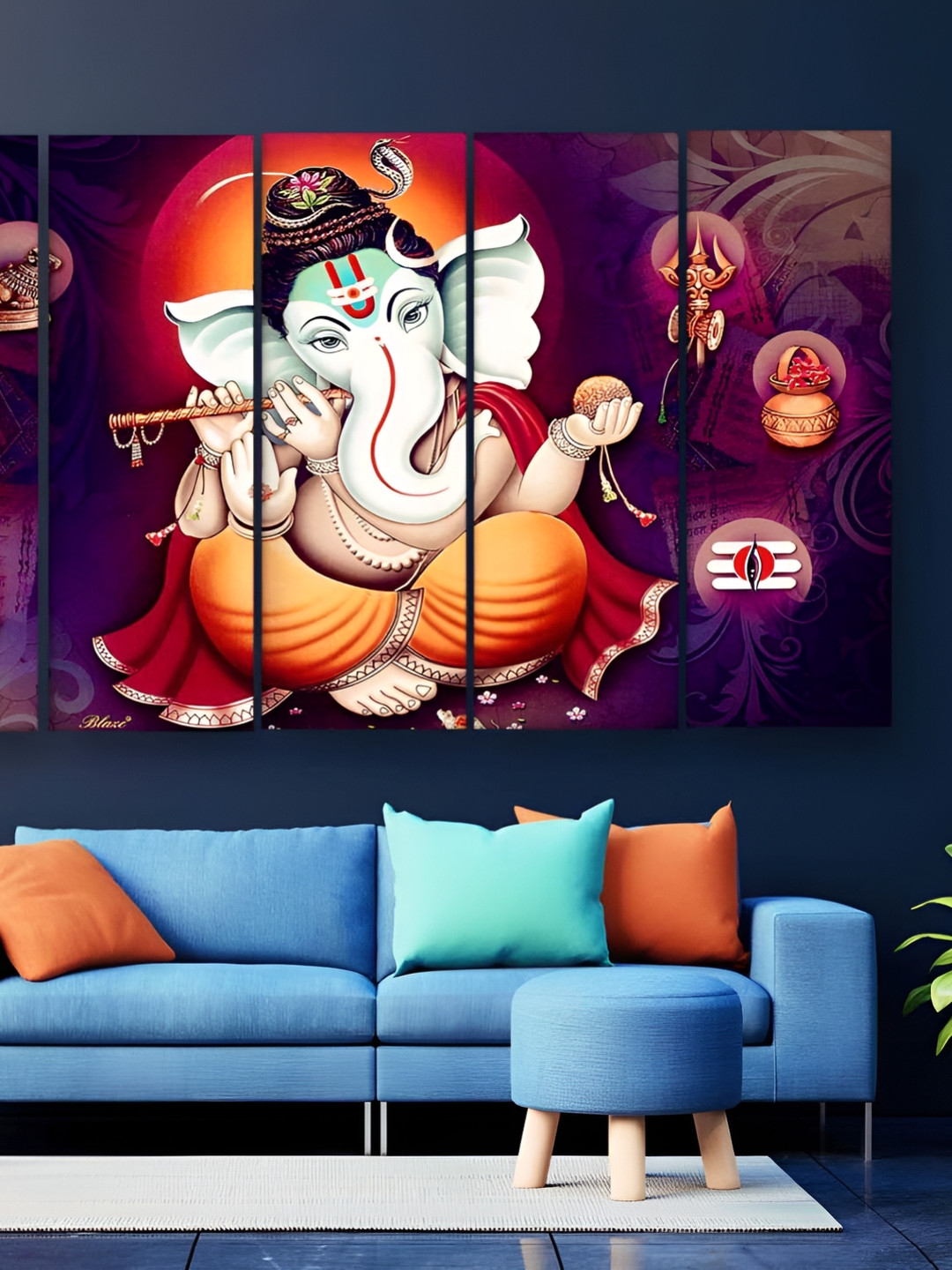 Casperme White & Orange 5 Pieces Wooden Ganesha Painting Wall Art