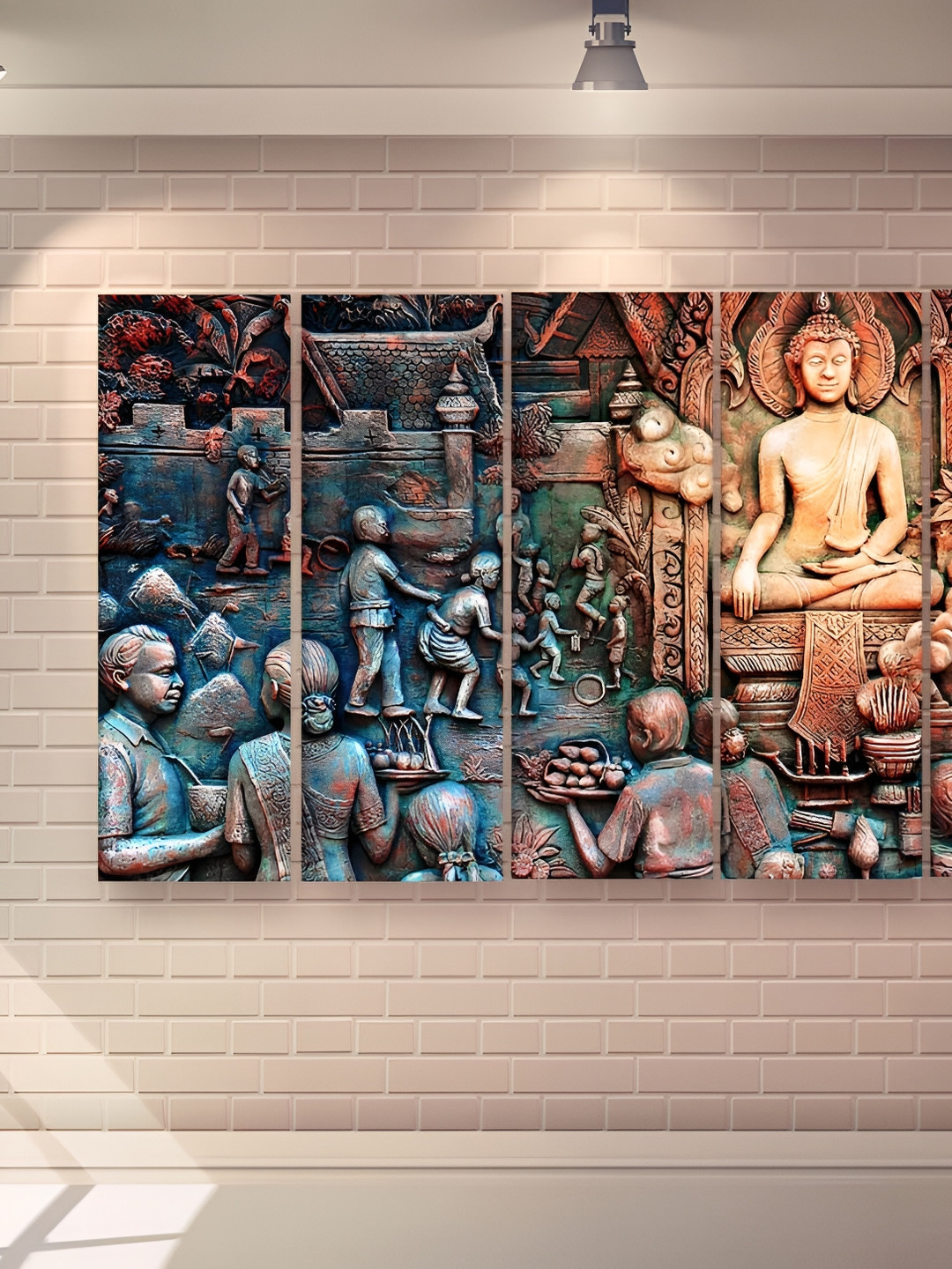 Casperme White & Orange 5 Pieces Wooden Buddha Painting Wall Art