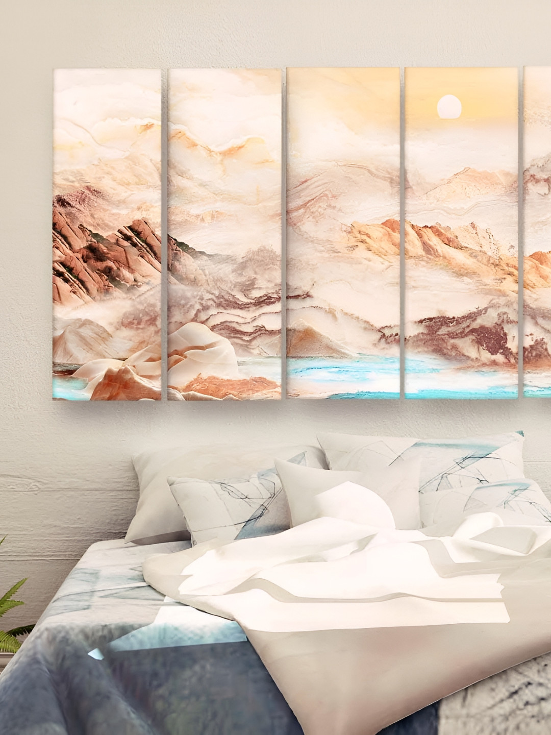 Casperme Beige & Blue 5 Pieces Abstract Wooden Skyline Modern Painting Wall Art