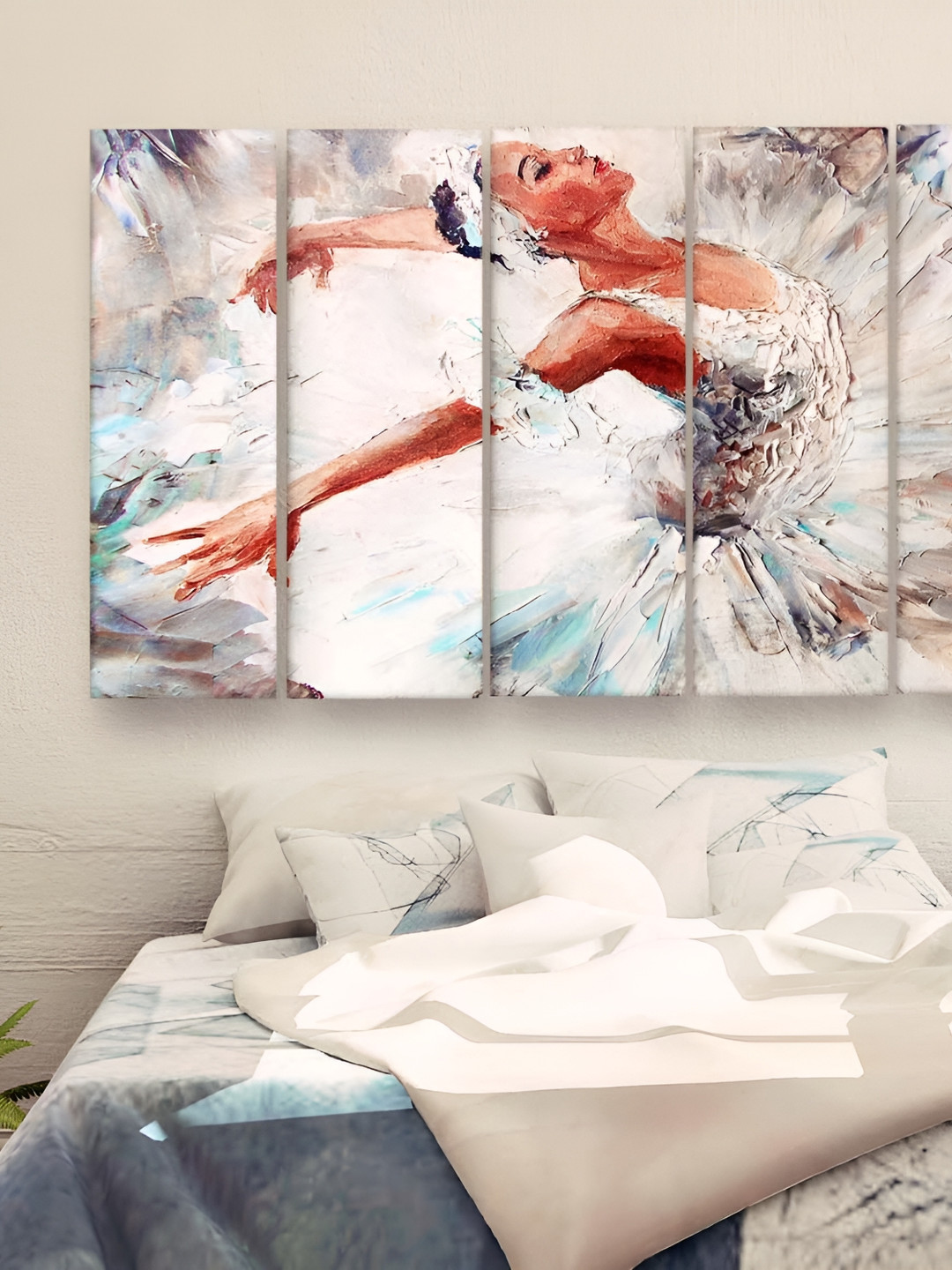 Casperme White & Beige 5 Pieces Abstract Wooden Sparkle Touch Painting Wall Art
