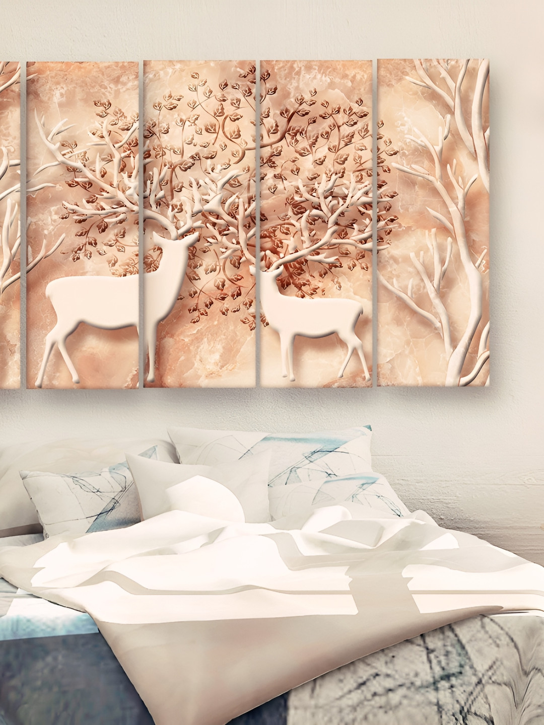 Casperme Cream & White 5 Pieces Abstract Wooden Birds and Animals Painting Wall Art