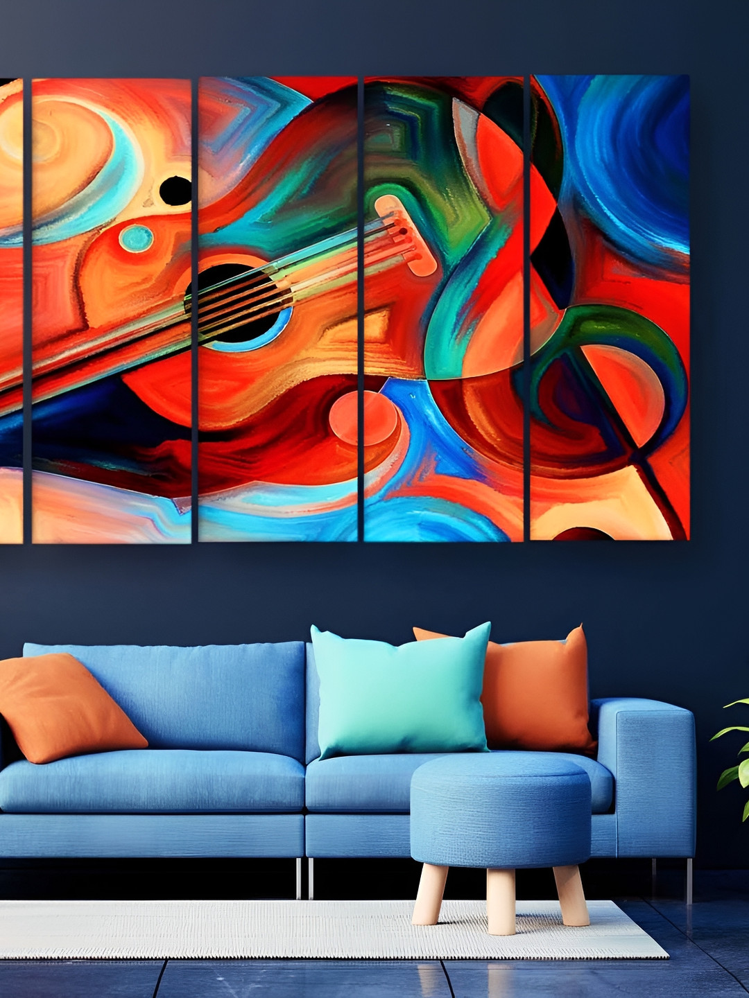 Casperme Blue & Orange 5 Pieces Abstract Wooden Sparkle Touch Painting Wall Art