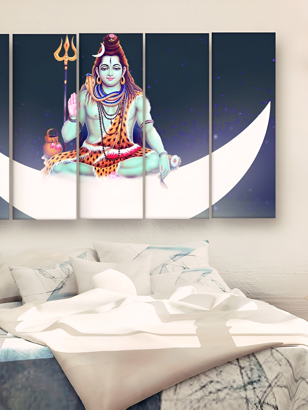 Casperme Black & Mint Green 5 Pieces Wooden Skyline Lord Shiva Painting Wall Art