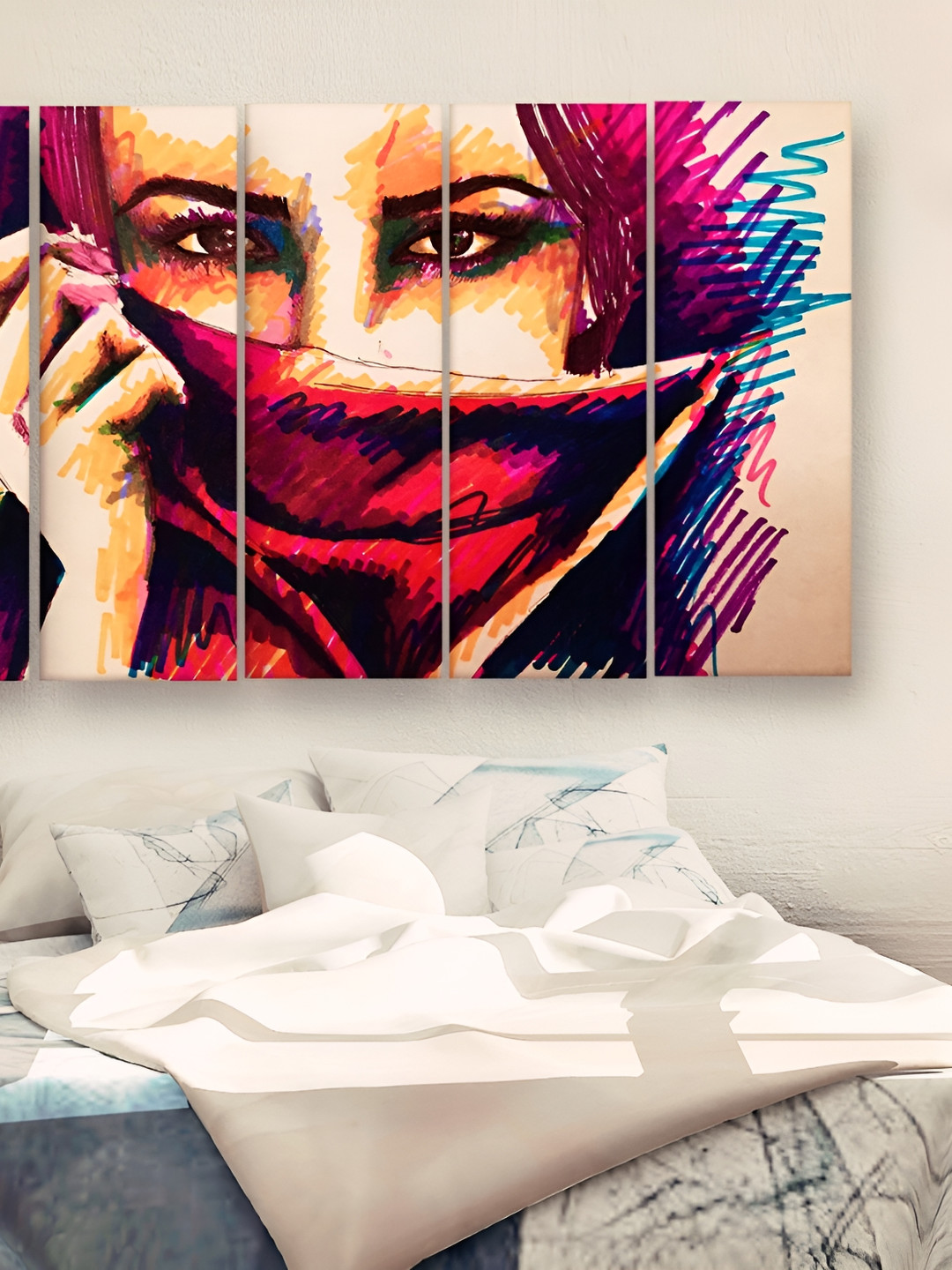 Casperme Purple & Cream 5 Pieces Wooden Sparkle Touch Painting Wall Art