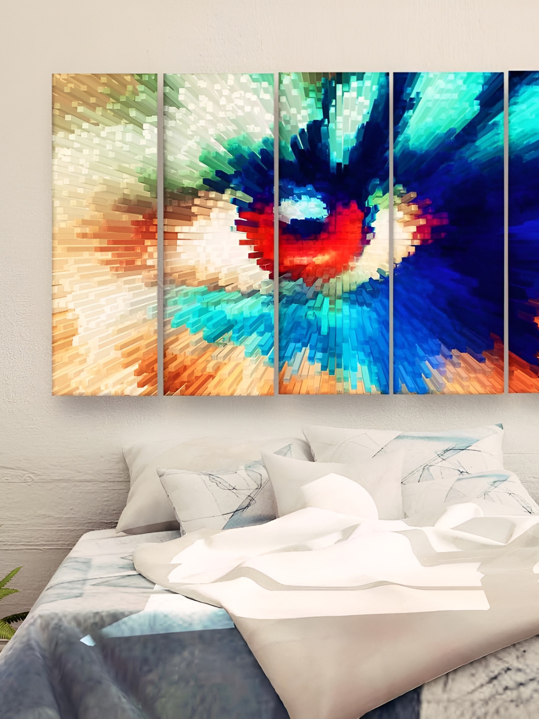 Casperme Blue & White 5 Pieces Wooden Abstract Skyline Touch Painting Wall Art