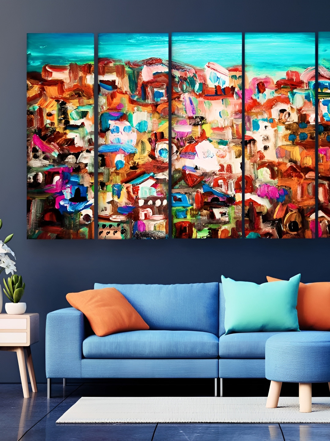 Casperme Brown & Turquoise Blue 5 Pieces Wooden Abstract Modern Painting Wall Art