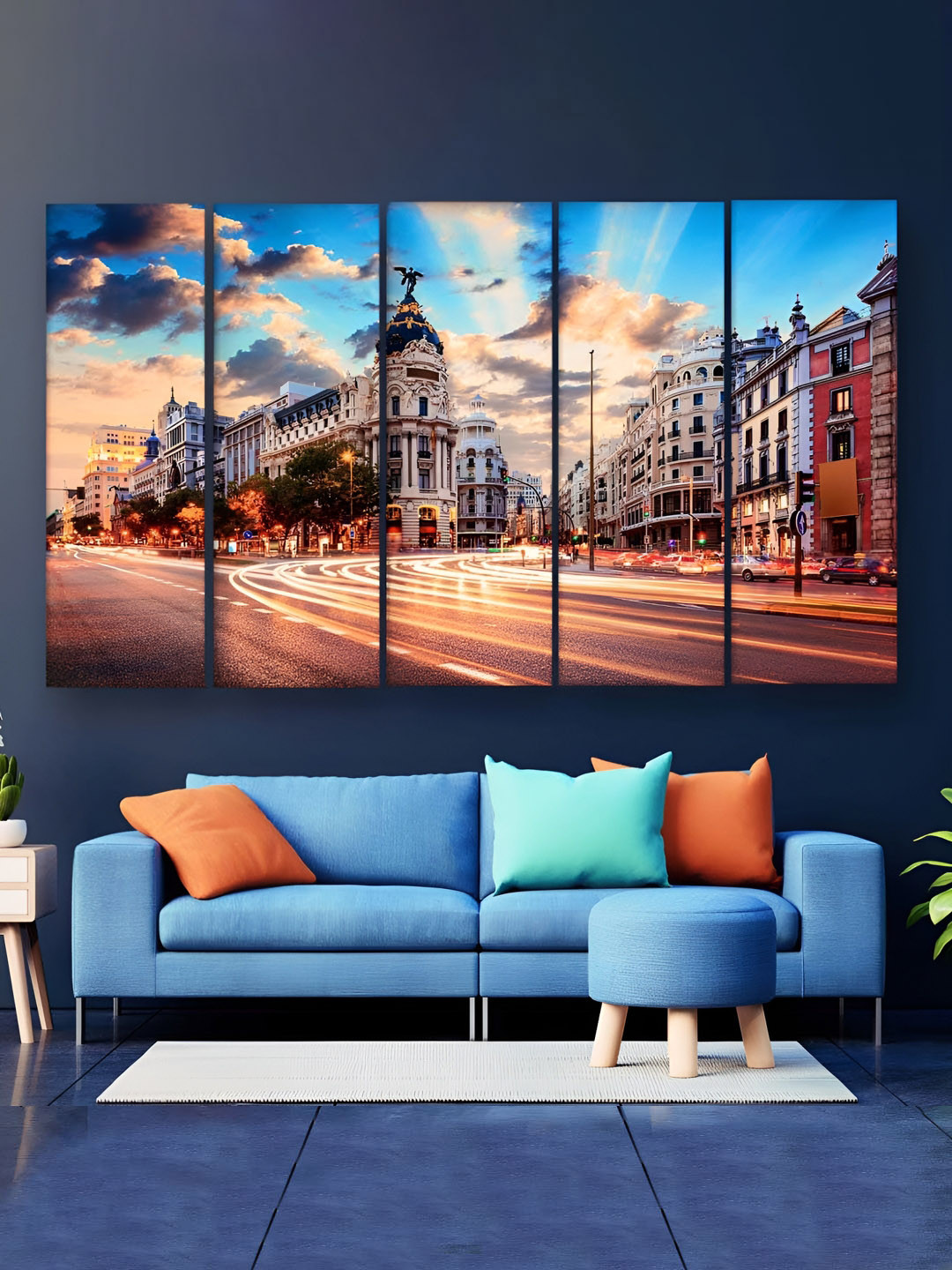 Casperme Blue & Brown 5 Pieces Wooden Skyline Painting Wall Art