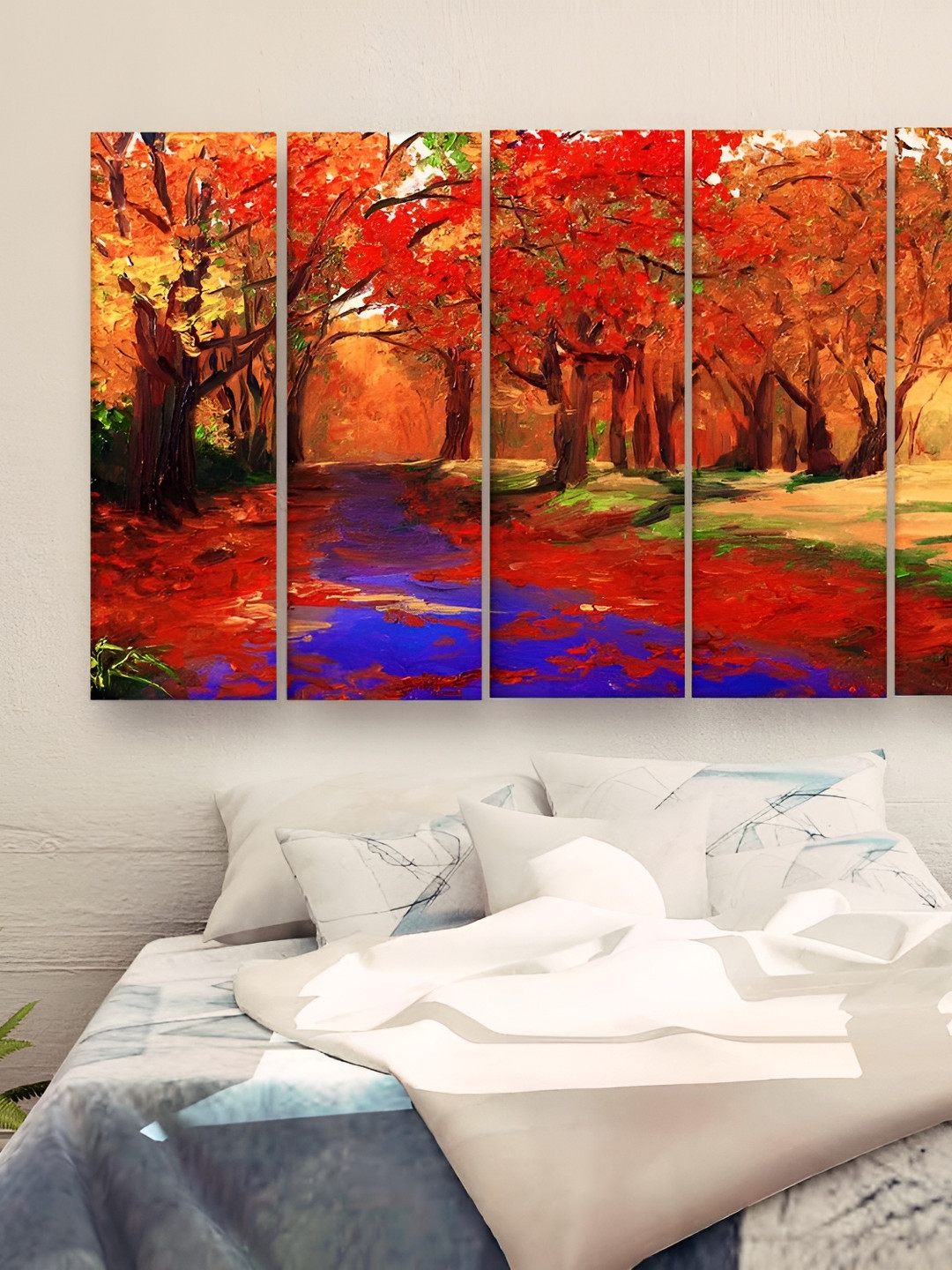 Casperme 5 Pieces Red & Yellow Abstract Modern Art Wooden Wall Painting