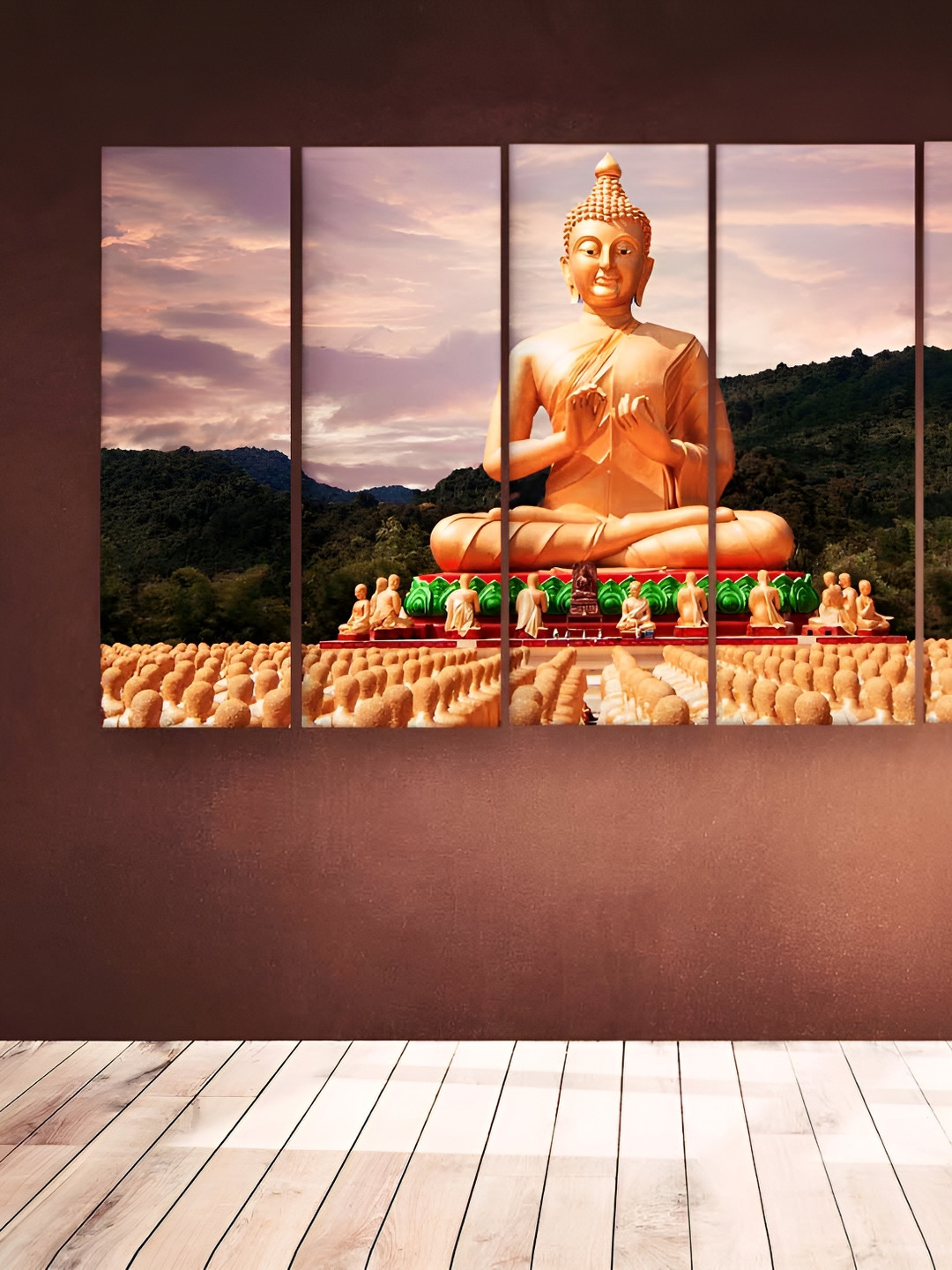 Casperme  Beige & Green 5 Pieces Buddha Printed Wooden Wall Painting