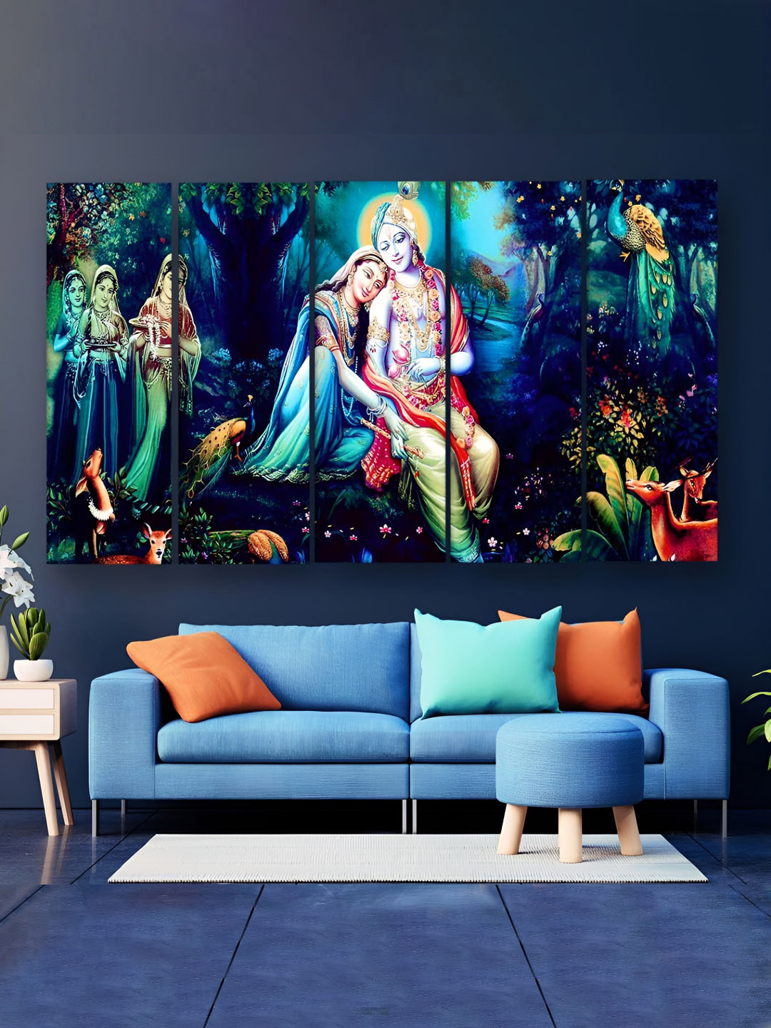 Casperme Radha Krishna Big Wood 5 Piece Wall Rectangle Paintings Wall Art -50 x 30 In