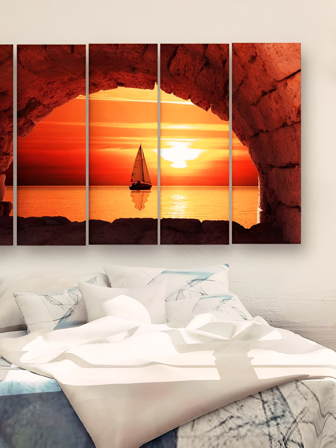 Casperme Orange and White 5 Pieces Modern Art Wooden Wall Painting