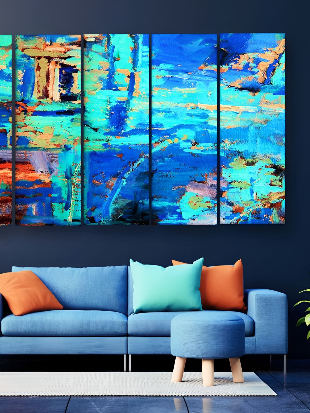 Casperme Blue & Green 5 Pieces Wooden Abstract Sparkle Touch Painting Wall Art