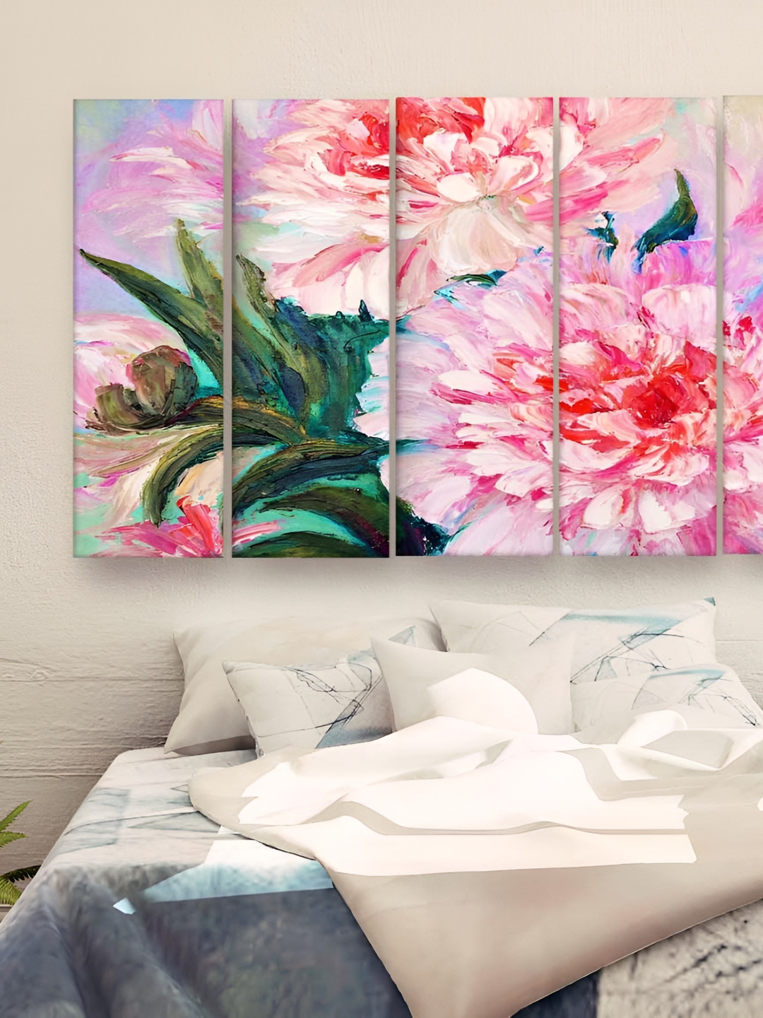 Casperme Pink & Green 5 Pieces Wooden Floral and Botanical Painting Wall Art