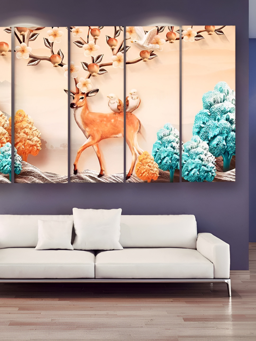 Casperme Blue Wood 5 Pcs Wall Living Room Rectangle Paintings Wall Art -1.24 x 30In