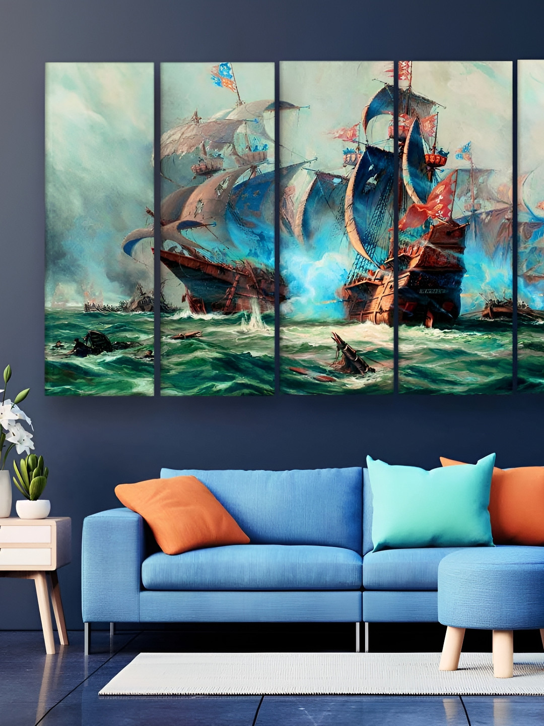 Casperme Green & Blue 5 Pieces Modern Art Big Wall Painting