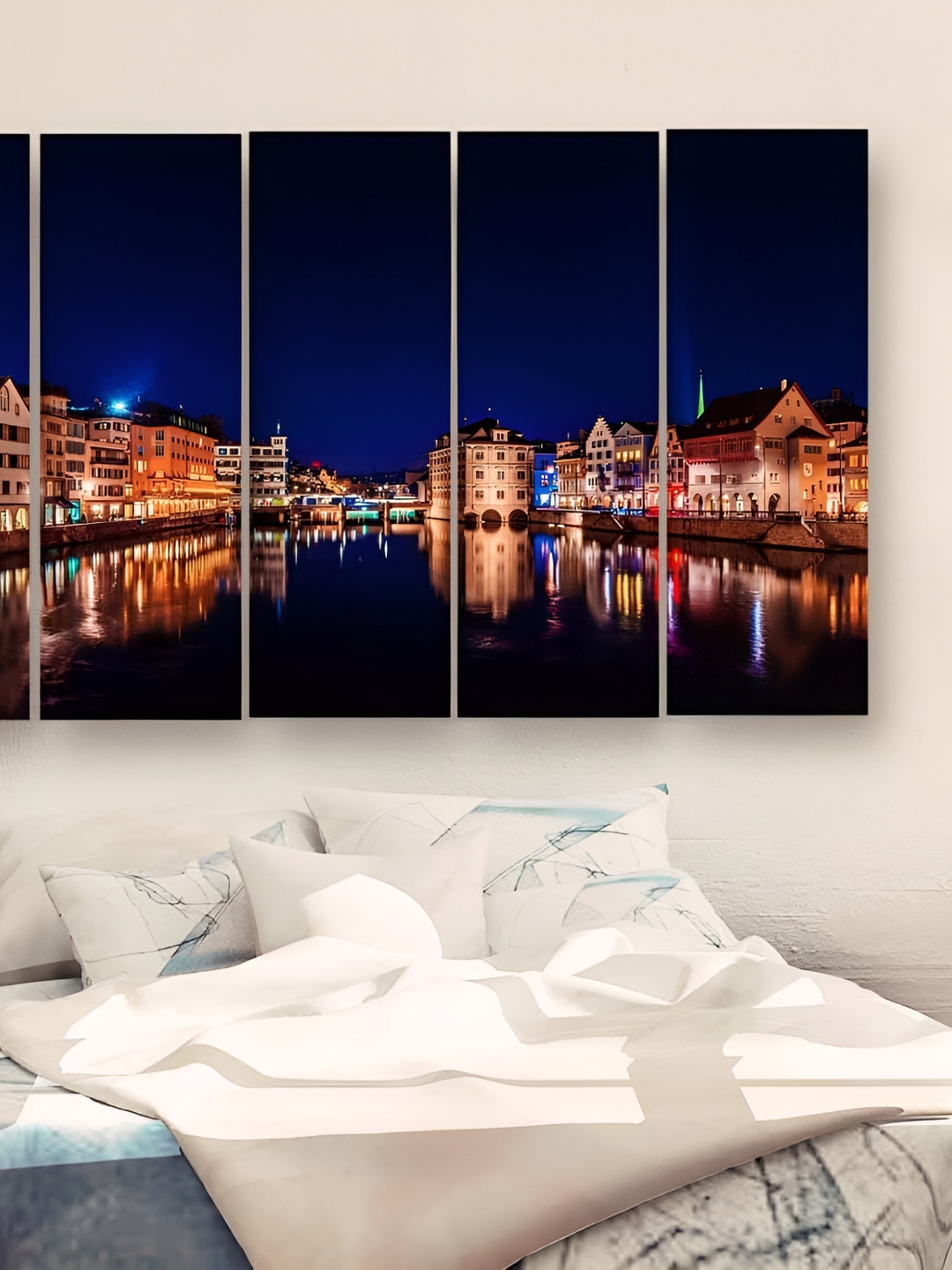 Casperme Blue & Orange 5 Pieces Skyline Big Wall Painting