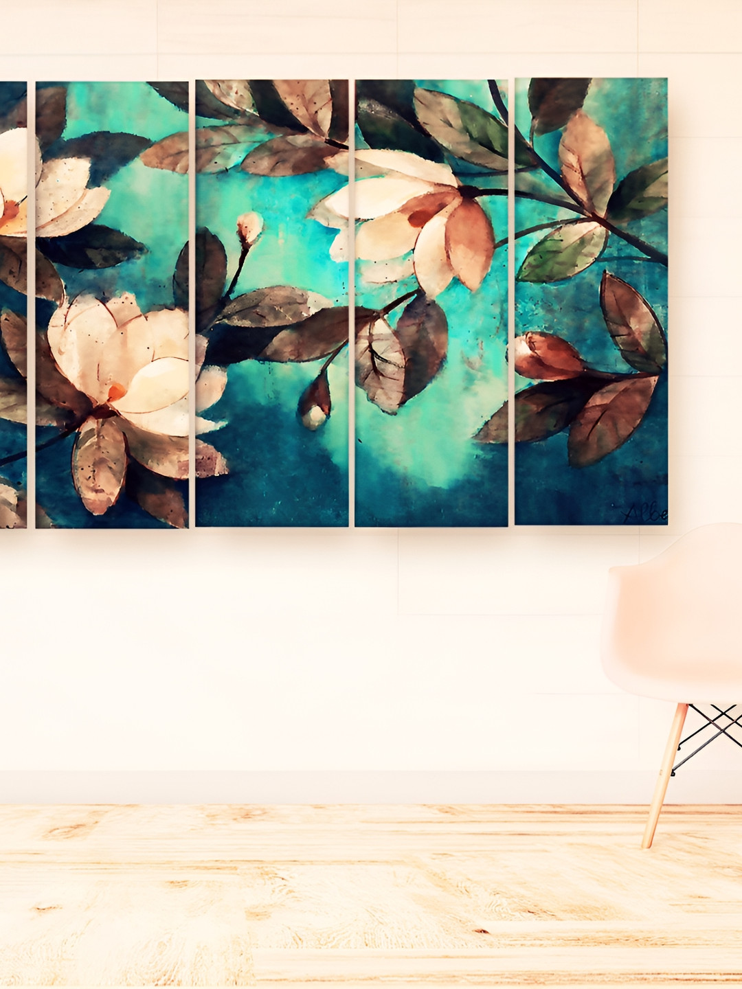 Casperme Cream and Green 5 Pieces Modern Art Big Wall Painting