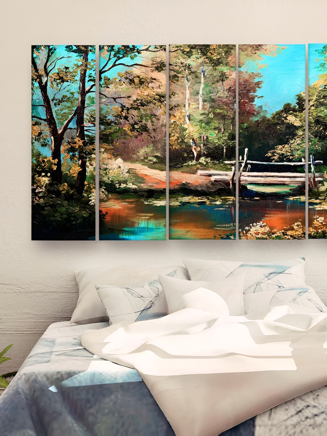 Casperme 5 Pieces Green & Brown Abstract Wooden Modern Art Wall Painting